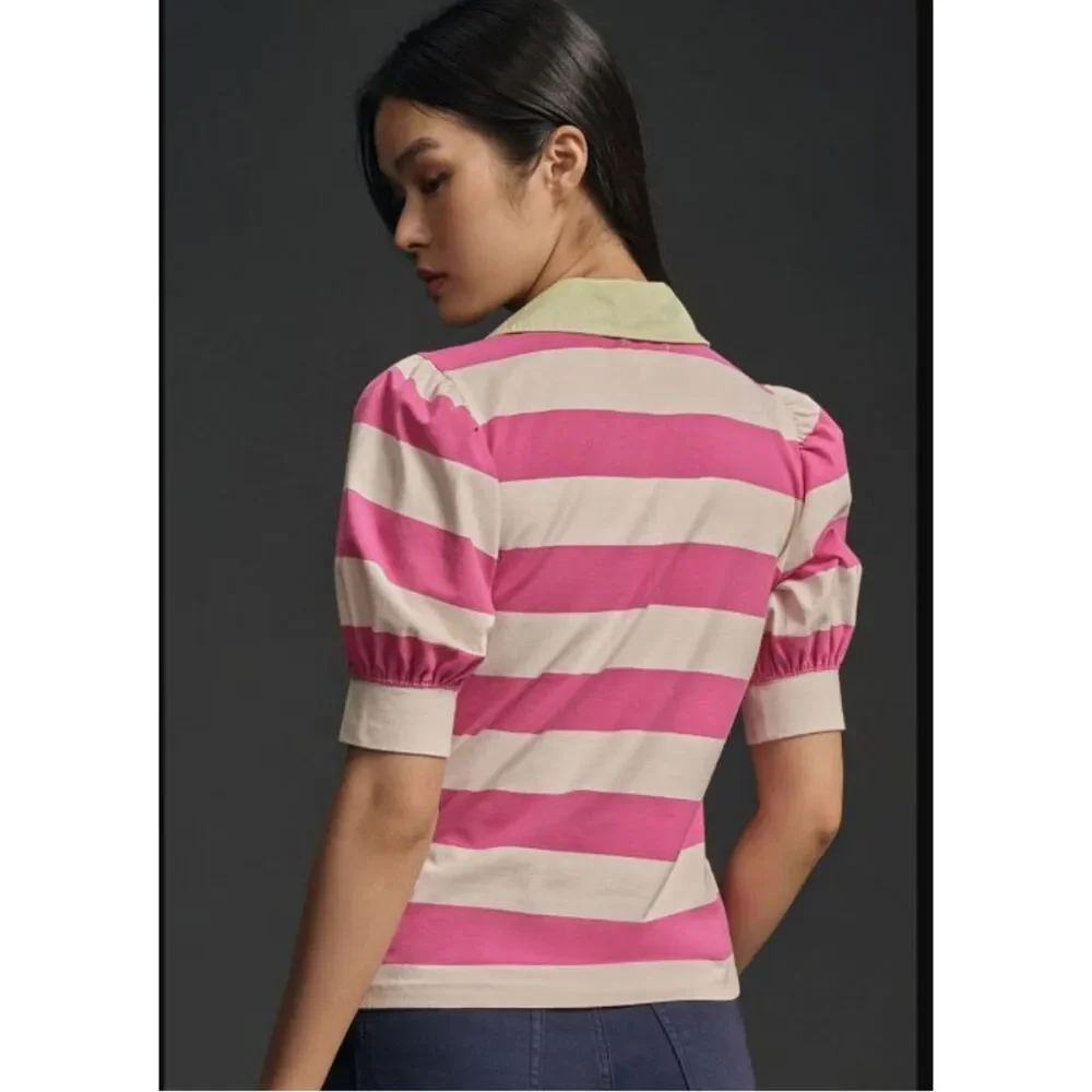 Anthropologie Maeve Rugby Stripe Puff Sleeve Polo Top Women's Small Pink White